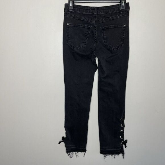 MANGO Denim Jeans Women 2 Black Corset-Tie Raw Hem Detail Slim MNG - Picture 6 of 14